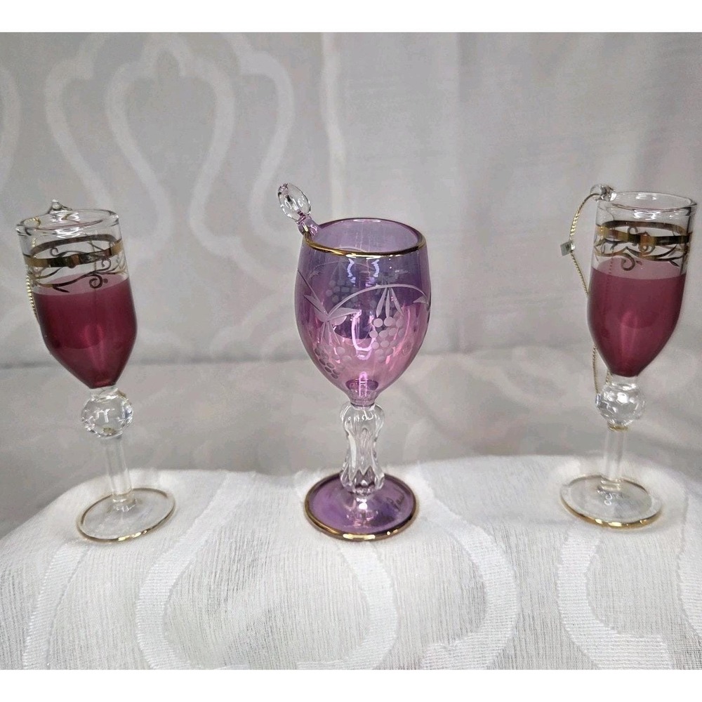 Vintage Blown Glass Wine Goblet Ornaments Set of 3 Purple Gold Trim Hand Etched